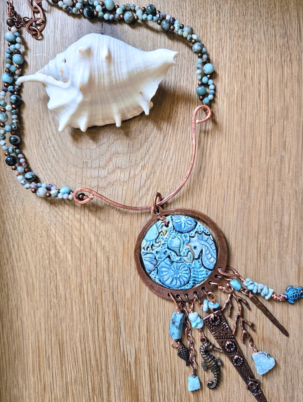 SEALIFE: Genuine Dominican Larimar In Unique Artisan Assemblage Copper Necklace